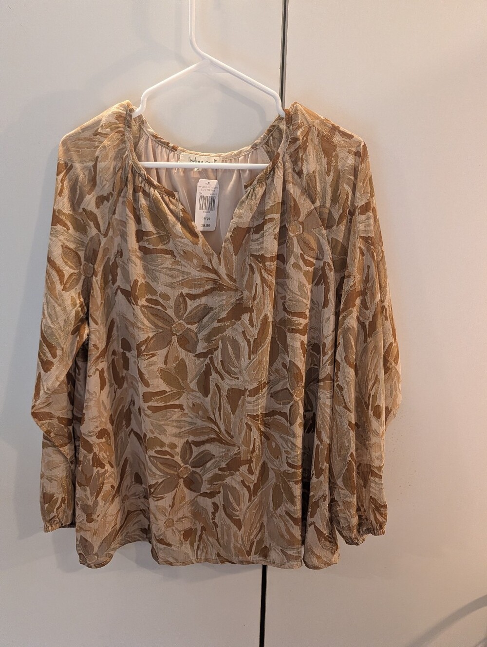 Indigo Soul Woman's Large Neutral Floral Blouse - Beige/Tan NWT